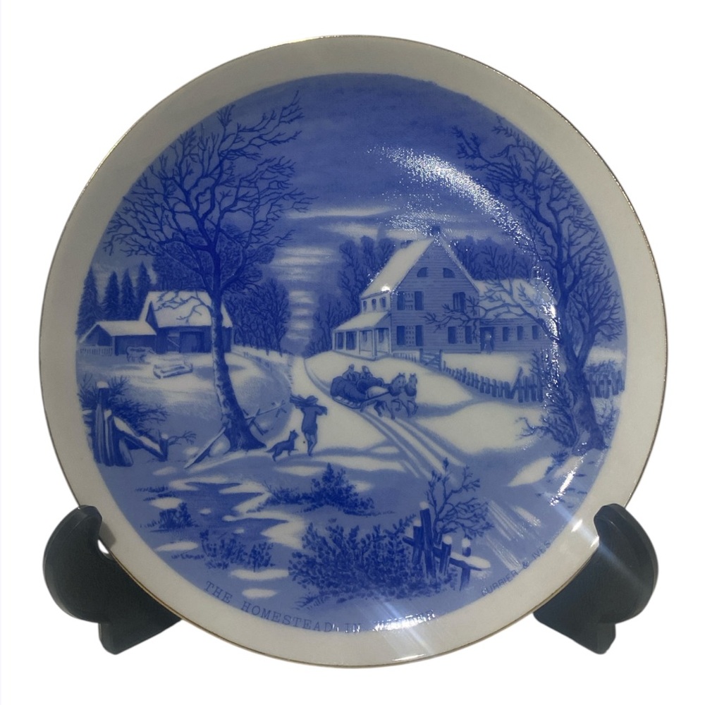 Vintage Blue and White Decorative Winter Scene Plate, The Homesteader
